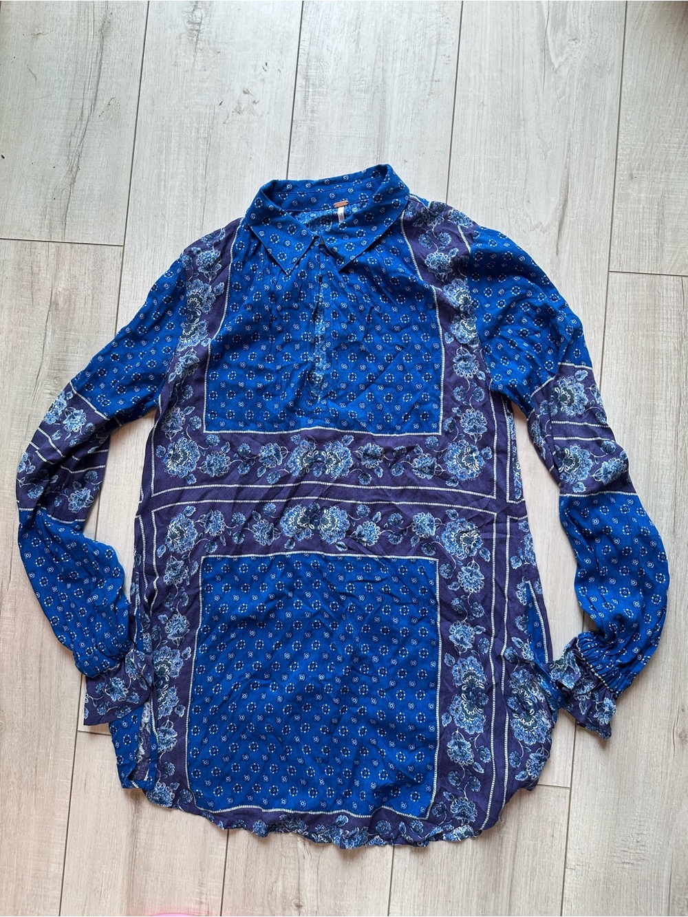 Free People Blue Printed Long-Sleeve Button Shirt